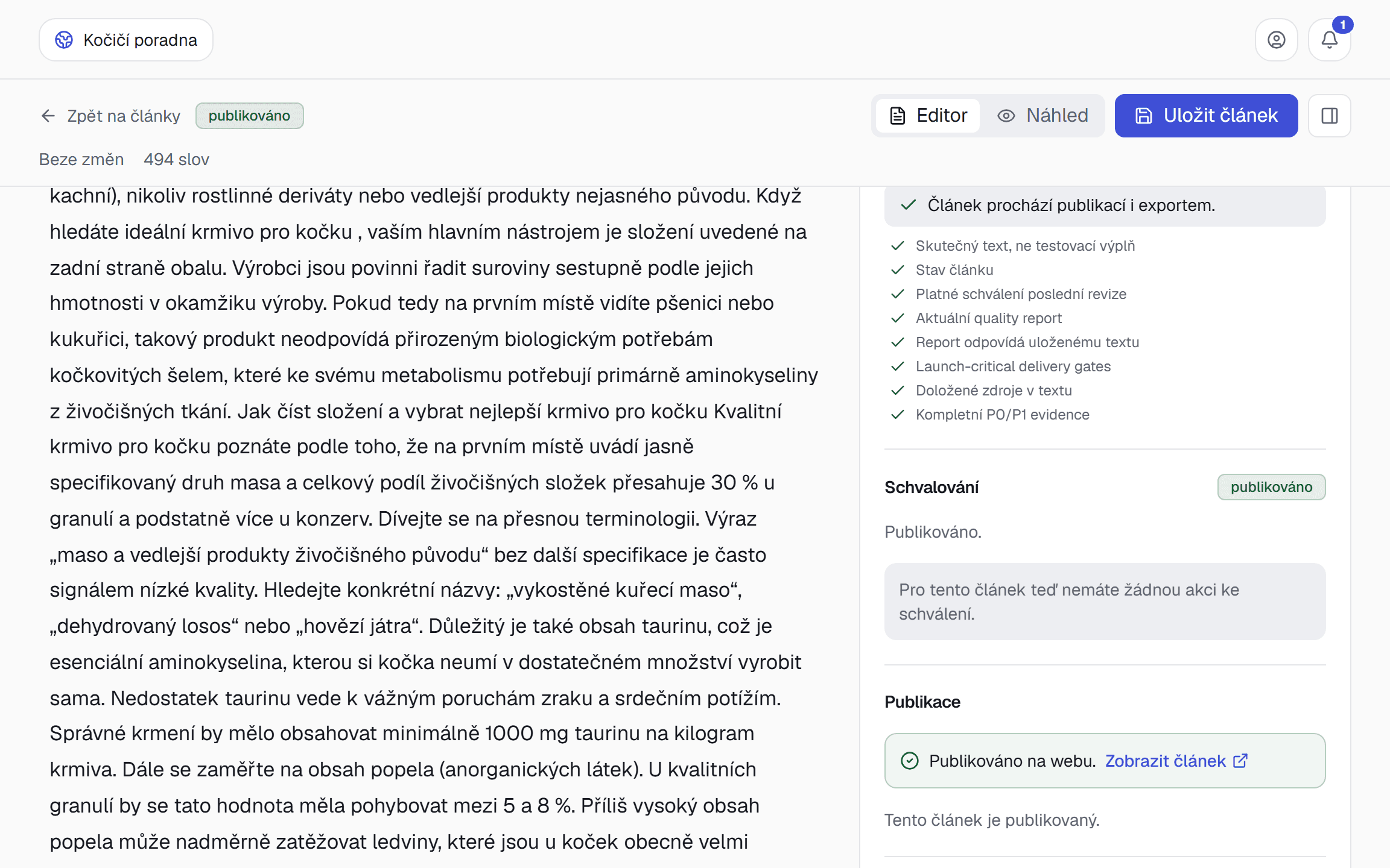 Detail publikovaného článku: splněný seznam kontrol a potvrzení publikace na webu s odkazem
