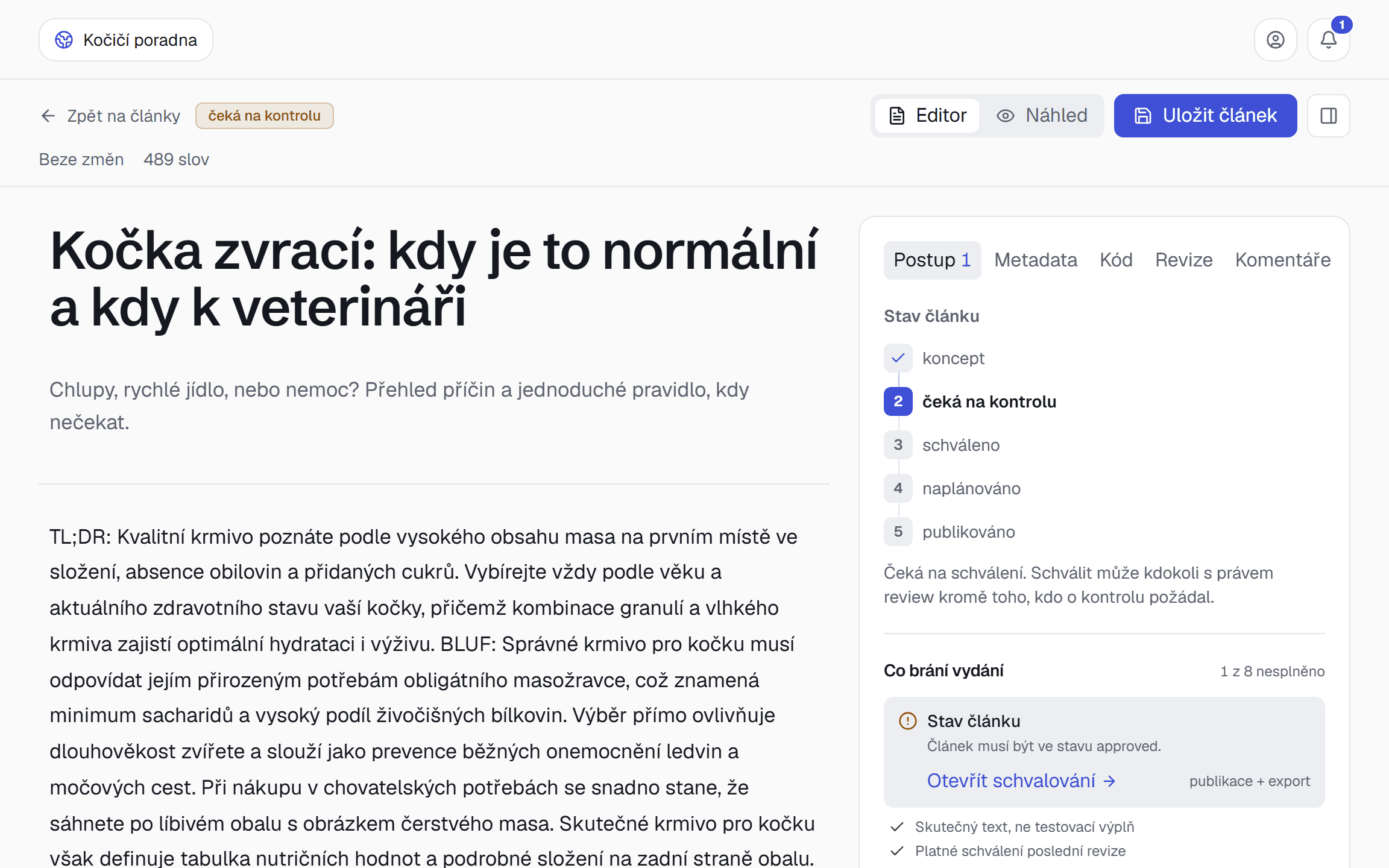 Editor článku s postupem schvalování a historií revizí